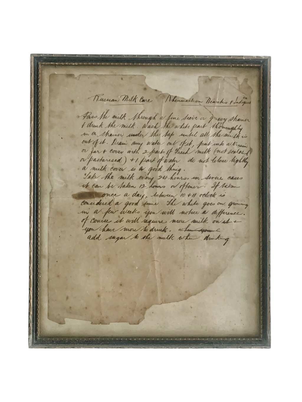 Antique framed ‘Russian Milk Cure’ recipe