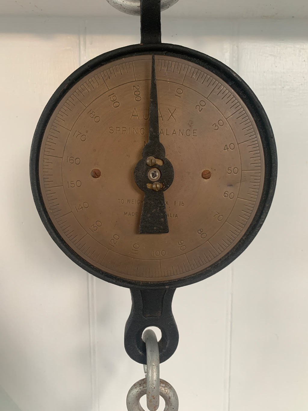 Vintage AJAX No.5 spring balance, 200 lb capacity, industrial hanging scale with brass dial, made in Australia.