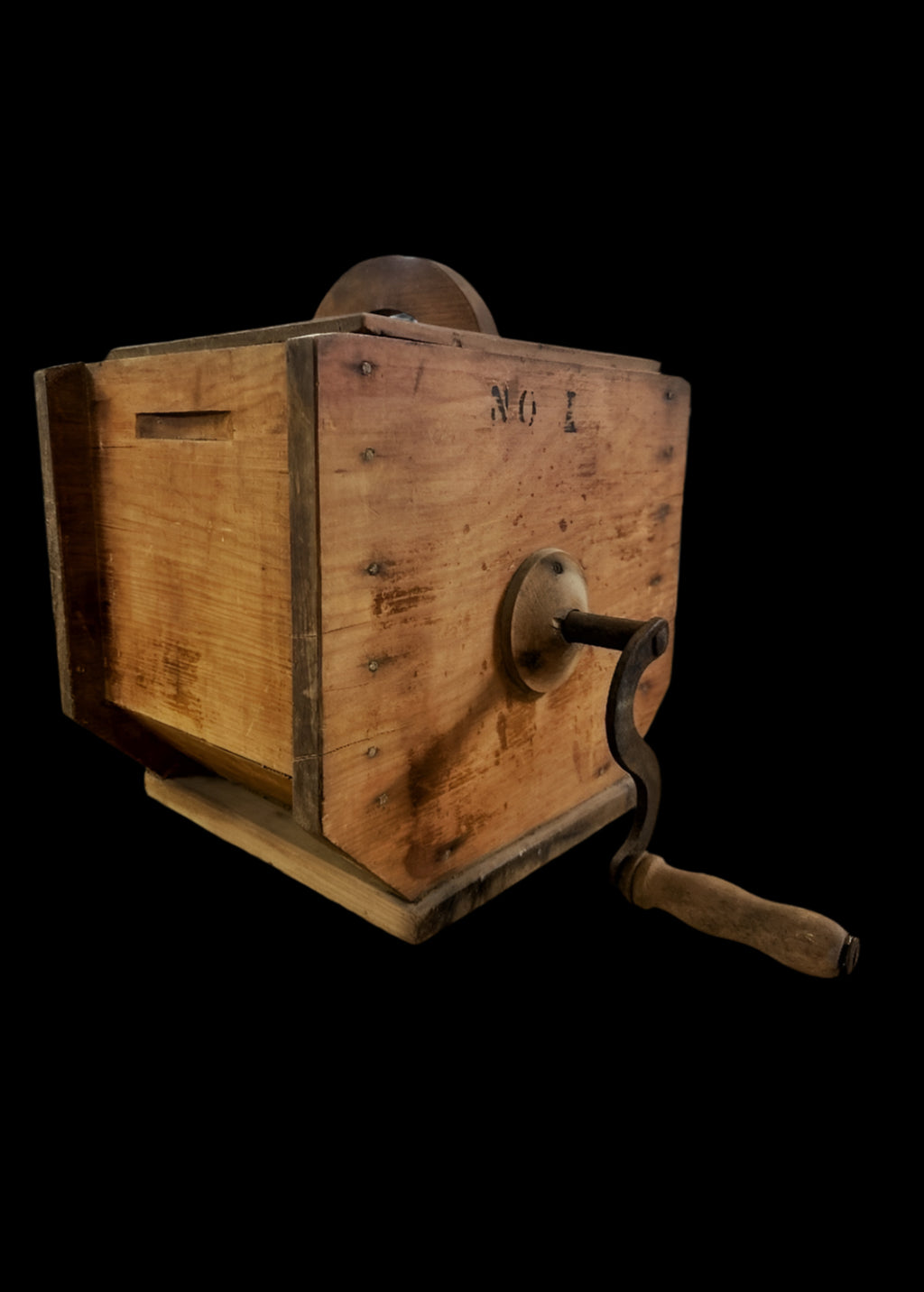 Stamped No. 1 marking on antique butter churn front panel
