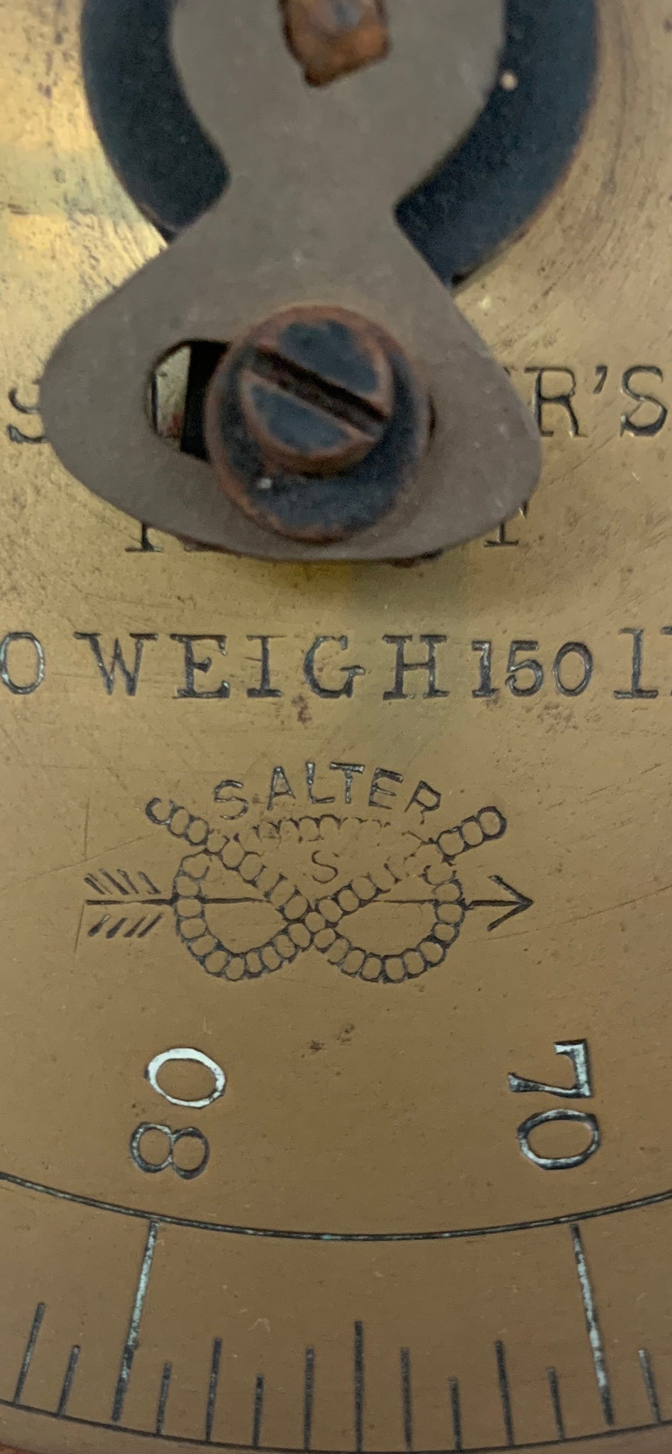 Close-up of Salter scale face with 150lb weight markings
