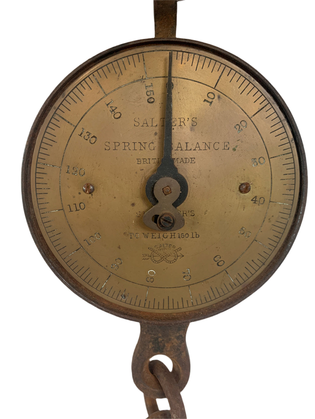 Vintage Salter spring balance scale, front view showing 150lb dial
