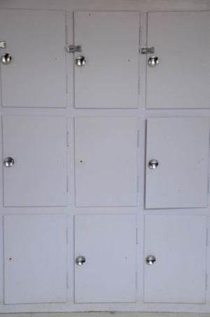 vintage industrial white painted timber 21 locker unit pigeon holes