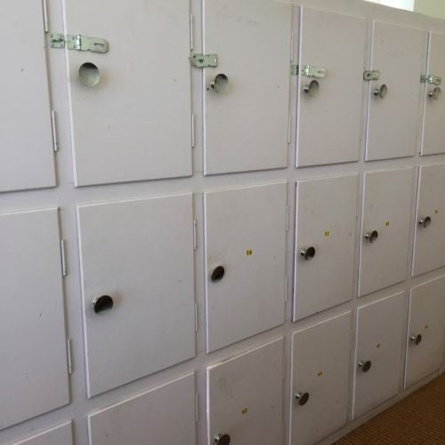vintage industrial white painted timber 21 locker unit pigeon holes
