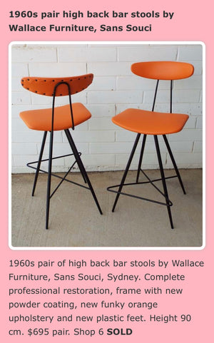 Pair vintage retro orange vinyl stools